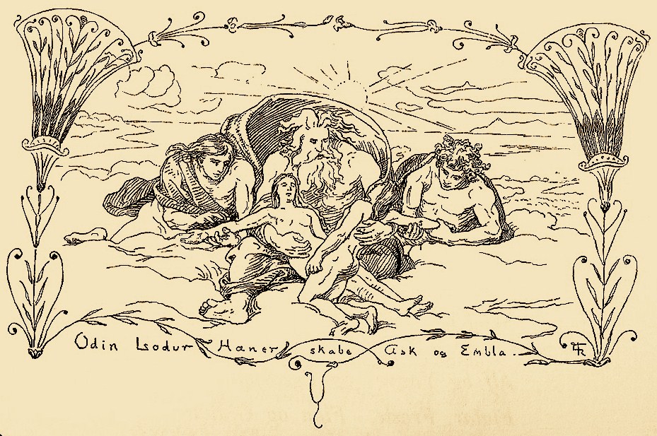 Odin, Lodur og Hönir  skaper dei fyrste menneski Ask og Embla.